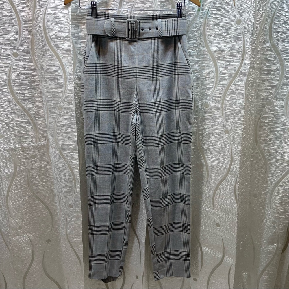 Le Chateau Plaid Trousers Womens 0 Grey Excellent Belted High Rise Tapered Pants